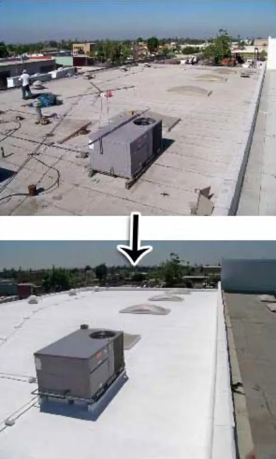 Flat roof coating before and after restoration by NuShake Roofing