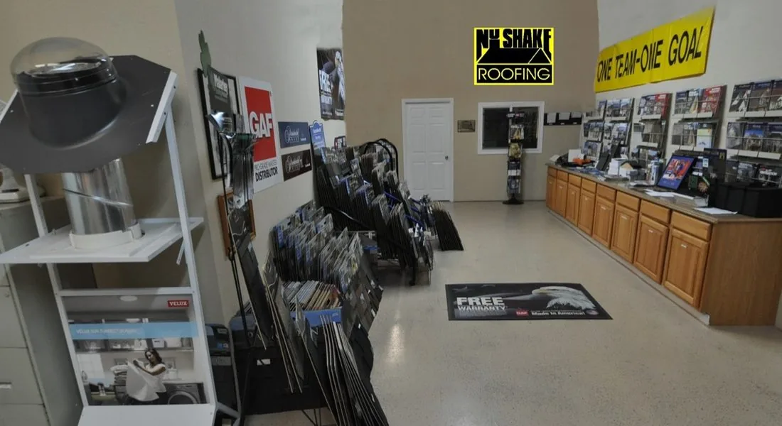 Inside the NuShake Roofing showroom in Ripon, CA